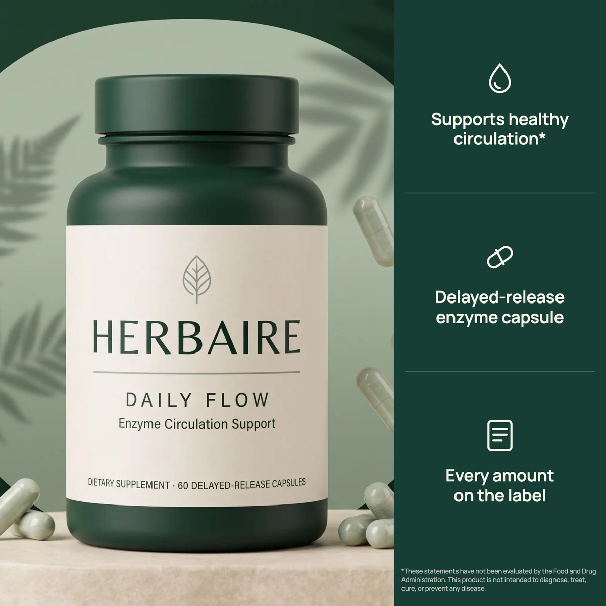 HERBAIRE Daily Flow bottle with healthy circulation, delayed-release and label callouts