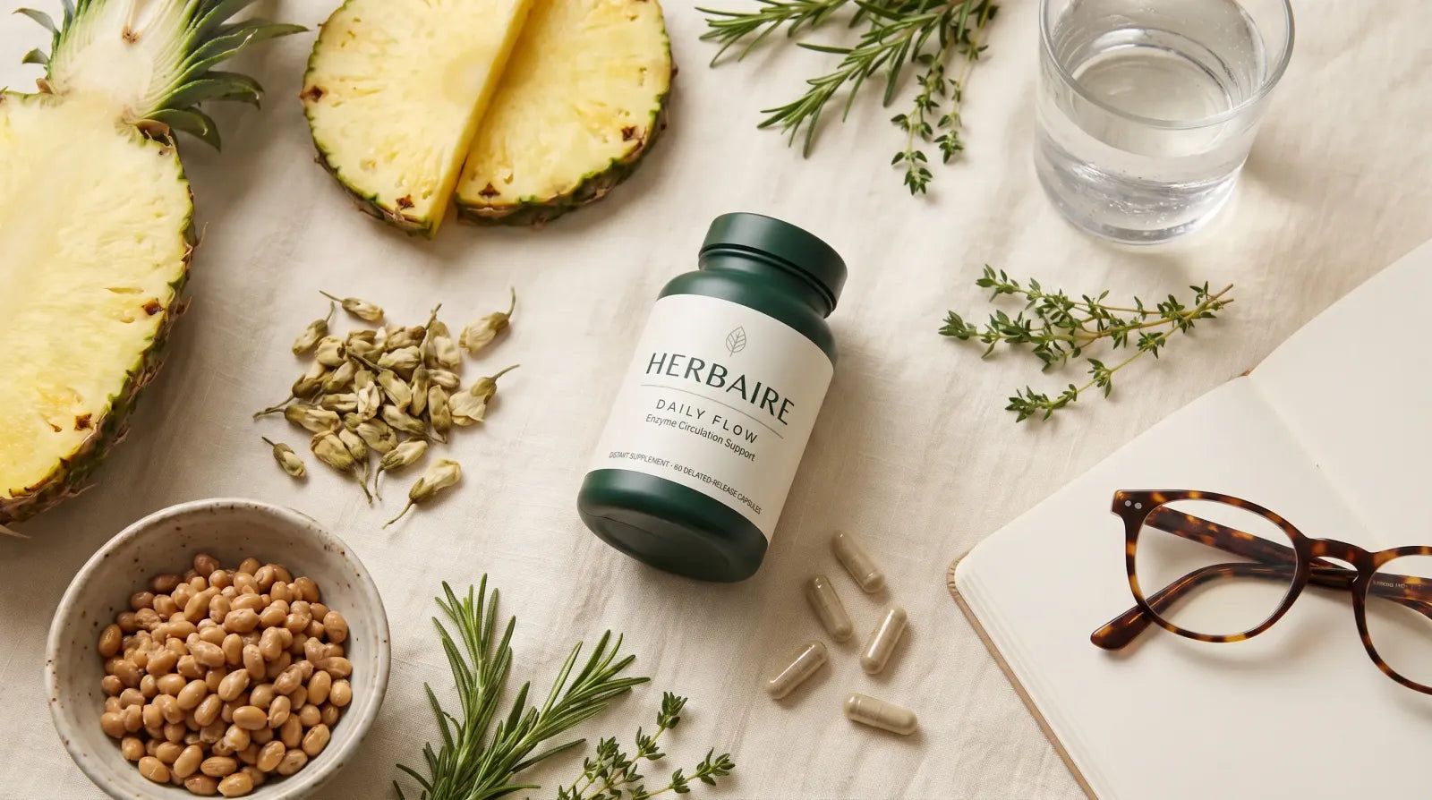 The HERBAIRE bottle with pineapple, natto, sophora buds and fresh herbs
