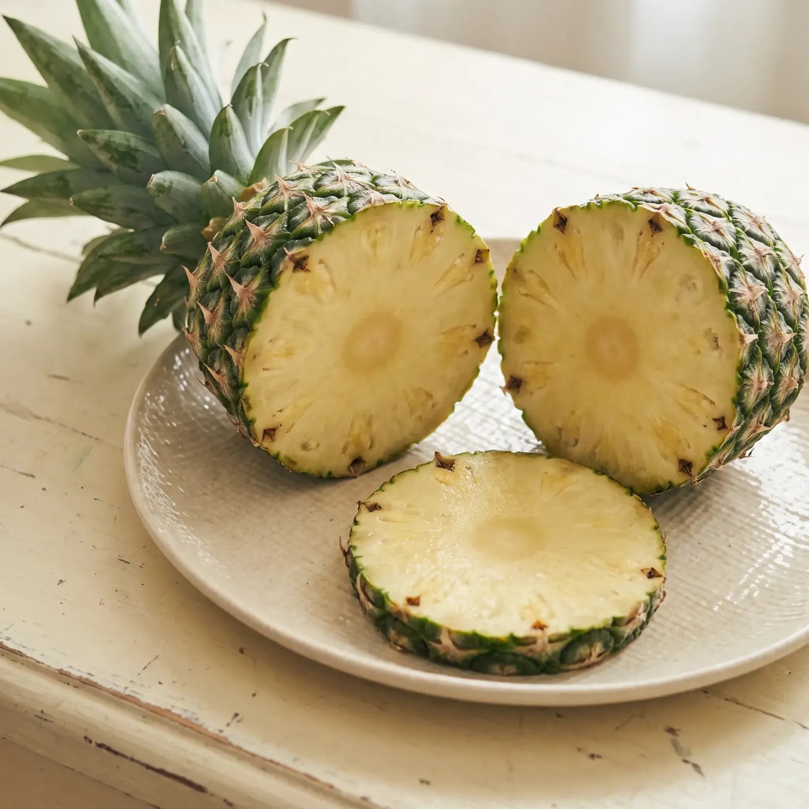 A fresh pineapple cut open to show the core