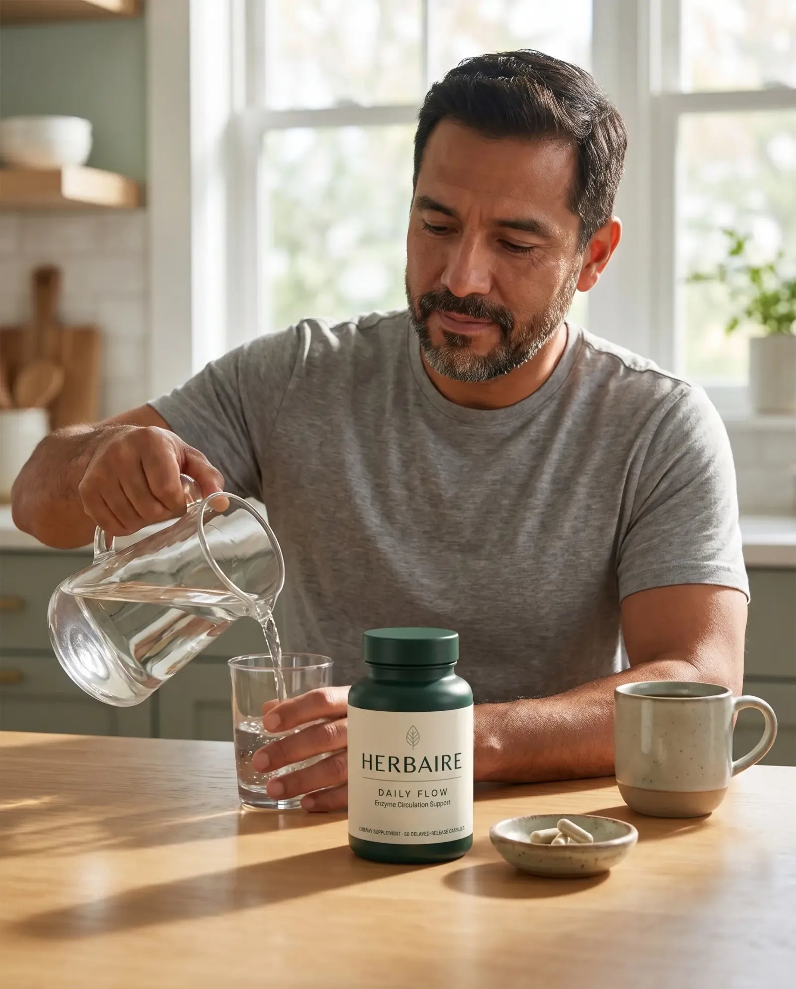 A man taking his morning routine at the kitchen table