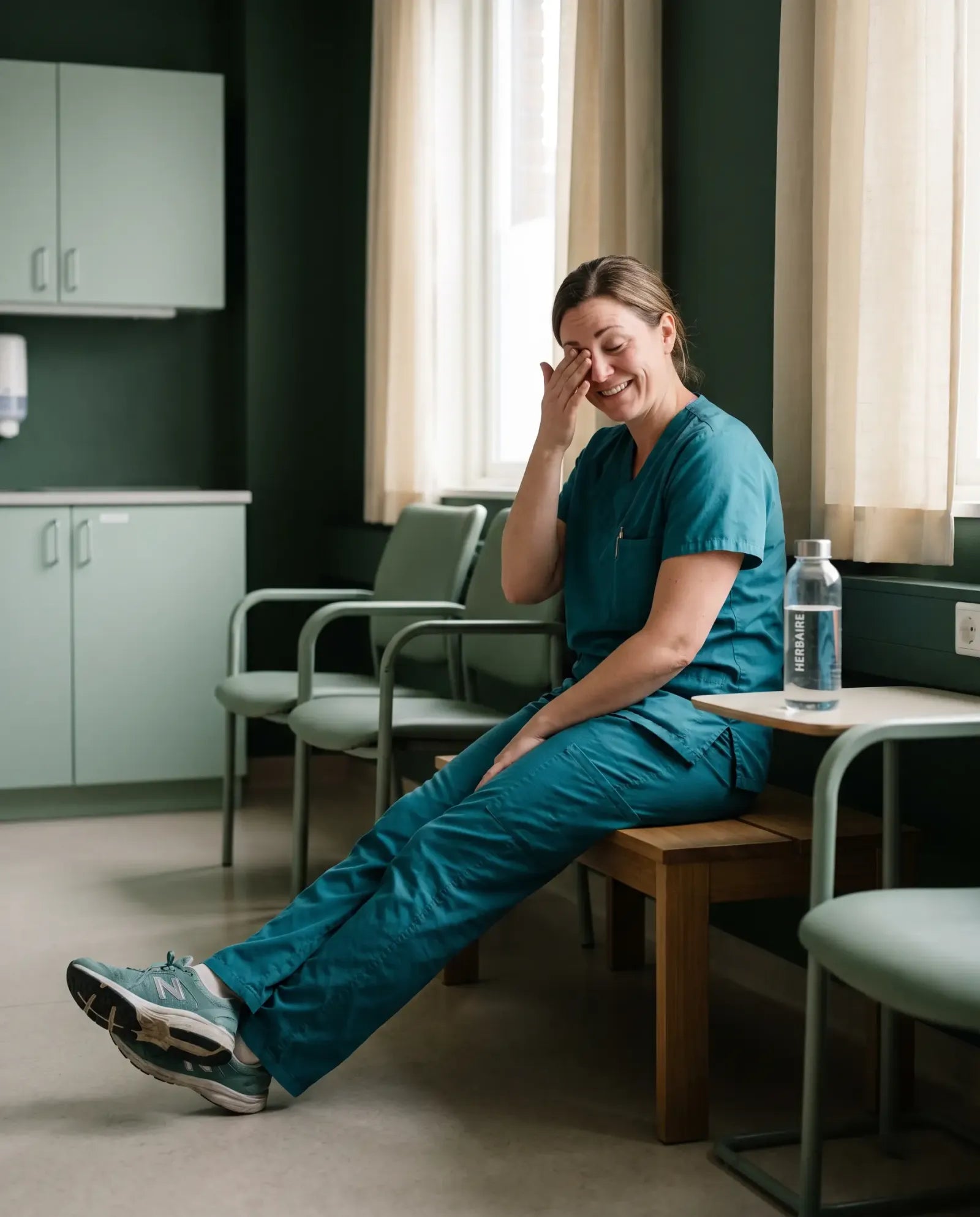 A nurse resting on a bench after a long shift