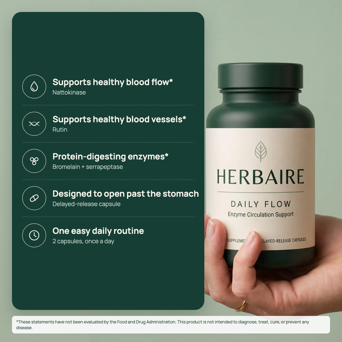 Hand holding the Daily Flow bottle next to a list of five benefits