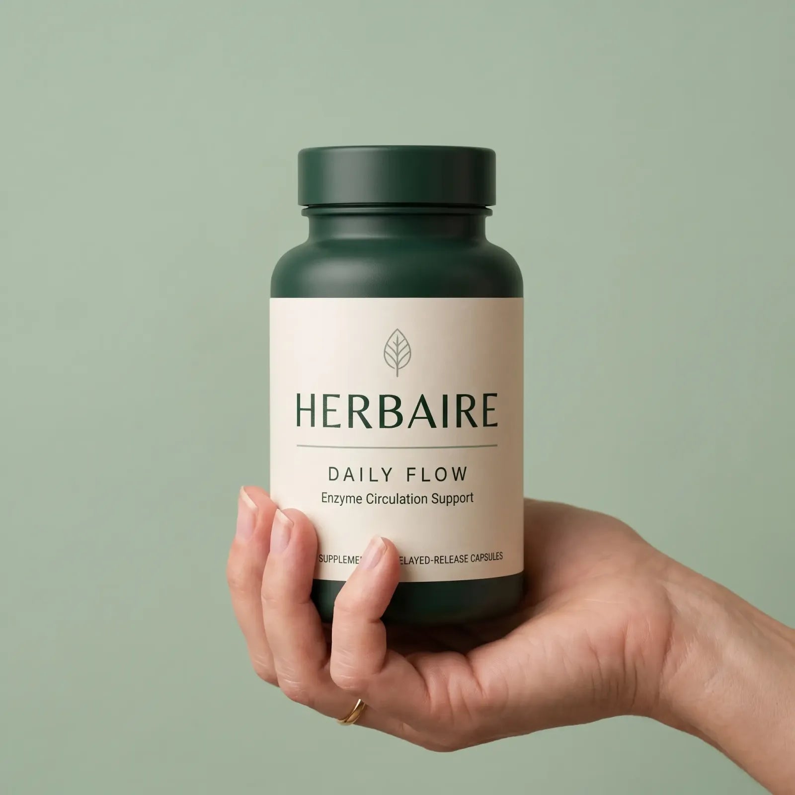 A hand holding the HERBAIRE Daily Flow bottle