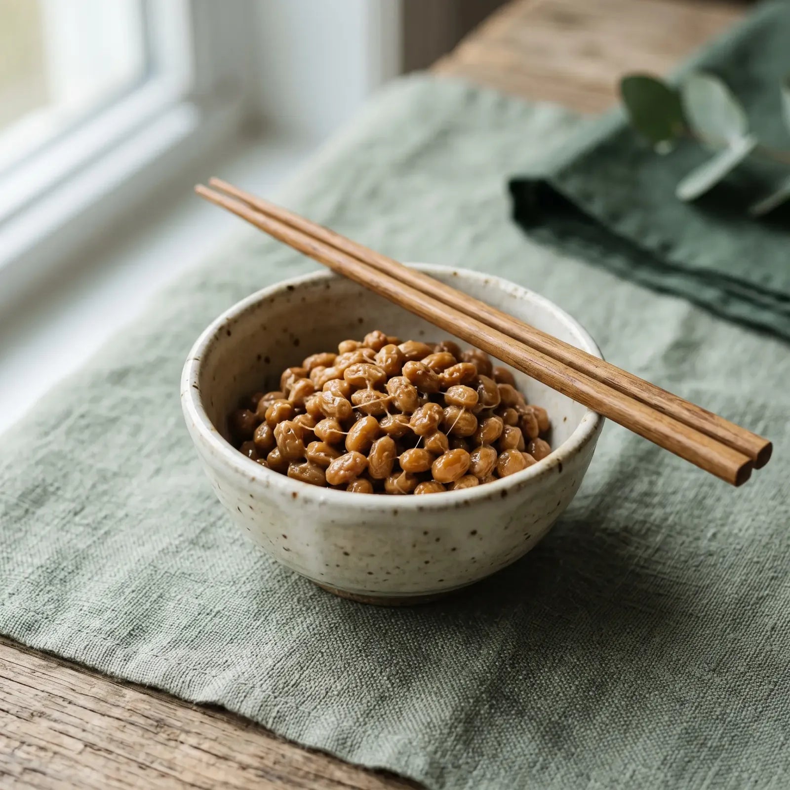 Natto, fermented soybeans, in a ceramic bowl