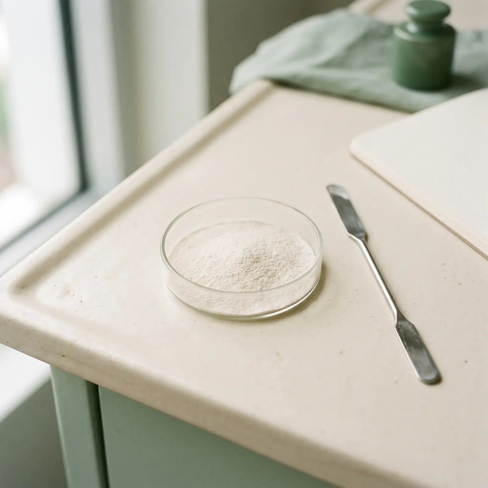Fine enzyme powder in a glass dish