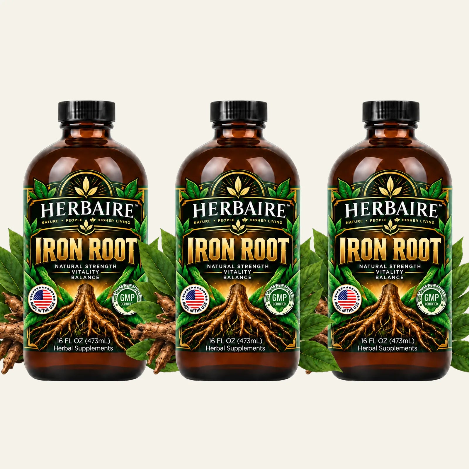 Three bottles of HERBAIRE Iron Root