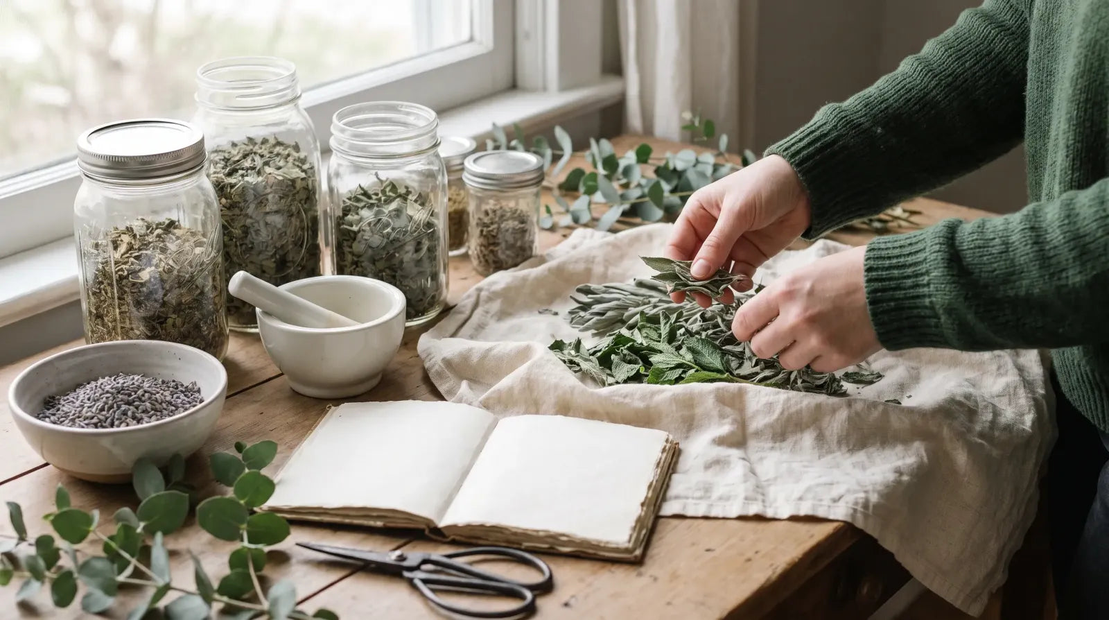 Hands sorting dried herbs on a botanical workbench